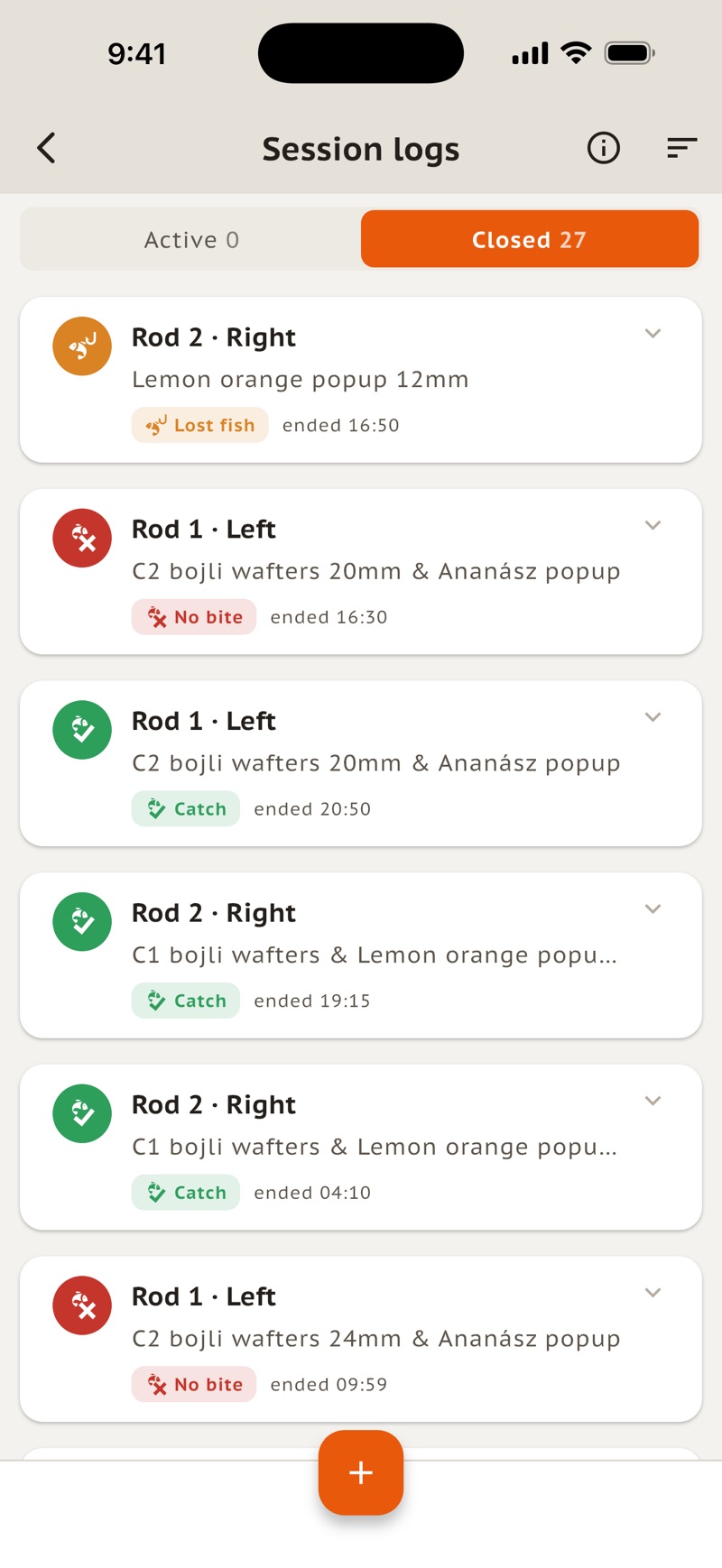 Session log screen: bites, baits and finished rigs recorded rod by rod