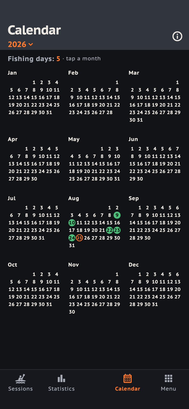 The calendar's yearly view: the days of all twelve months in one grid, days on the bank in green circles and today in an orange ring.