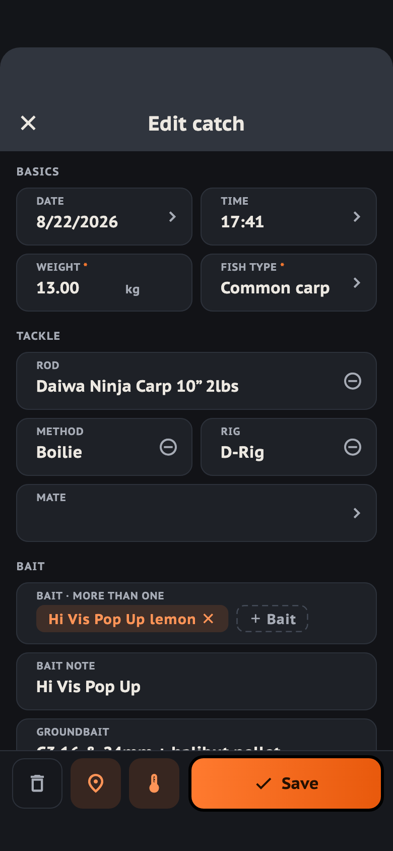 The catch form: date, time, weight and species, the rig fields below them, then the Bait section with one bait chip and the dashed “+ Bait” button.