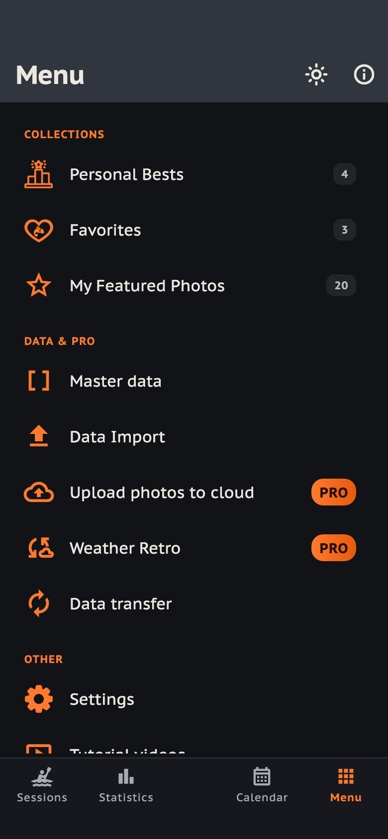 The Menu screen's three groups: Collections, Data & Pro, and Other — with the PRO-marked rows and the bottom navigation bar.
