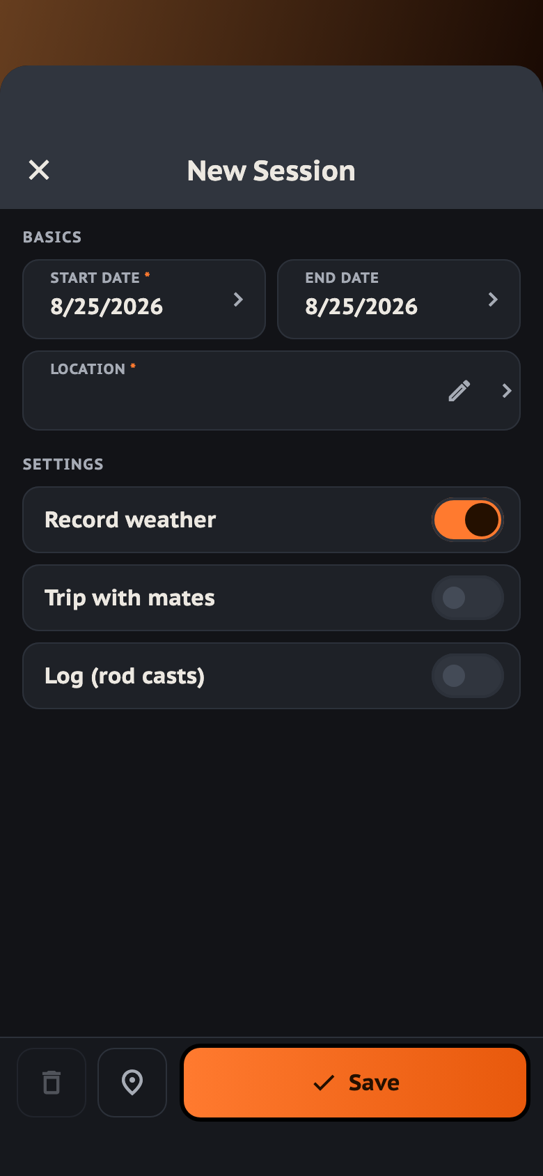The new trip form: start and end date, the place, then the switches for recording the weather, for a trip with mates and for the log, with the location button and Save at the bottom.