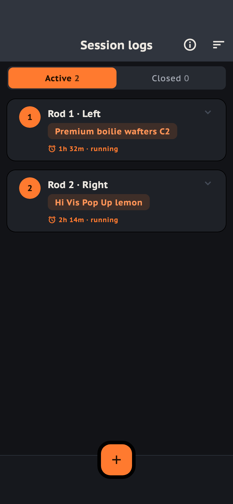 The session log's Active tab with two casts out: the rod number and side, the bait, and the elapsed time.