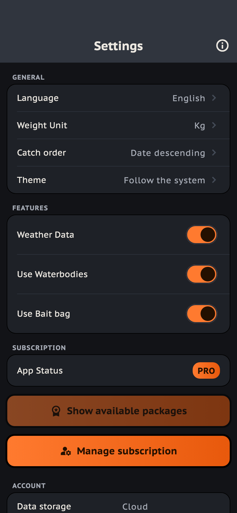 The Settings screen: language, weight unit, catch order and theme, with the feature switches and the subscription below.