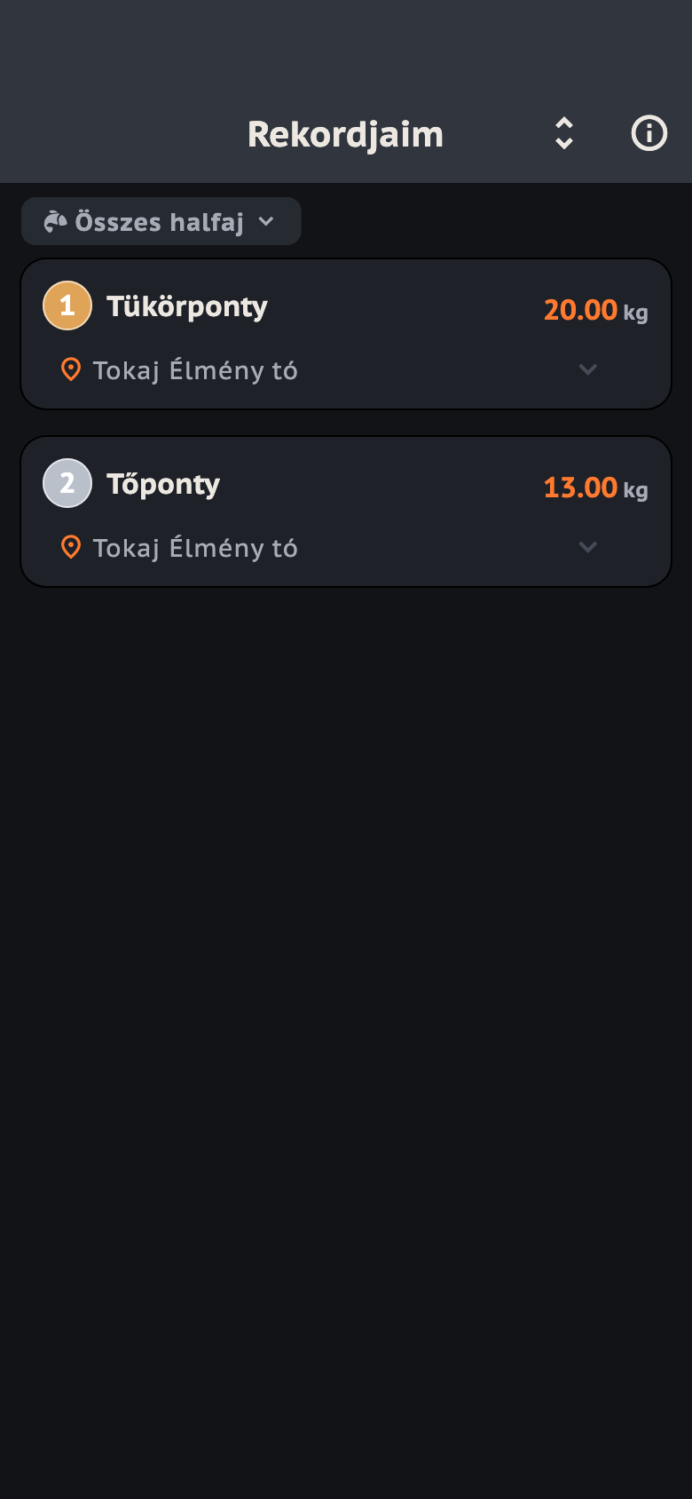 A Rekordjaim képernyő fajszűrő chippel és érmes rekord-kártyákkal.
