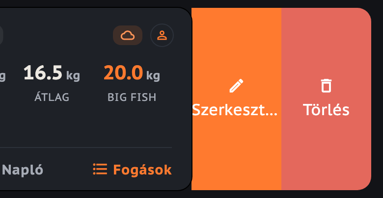 Egy balra húzott túrakártya: a kártya mögül a Szerkesztés és a Törlés gomb bukkan elő.