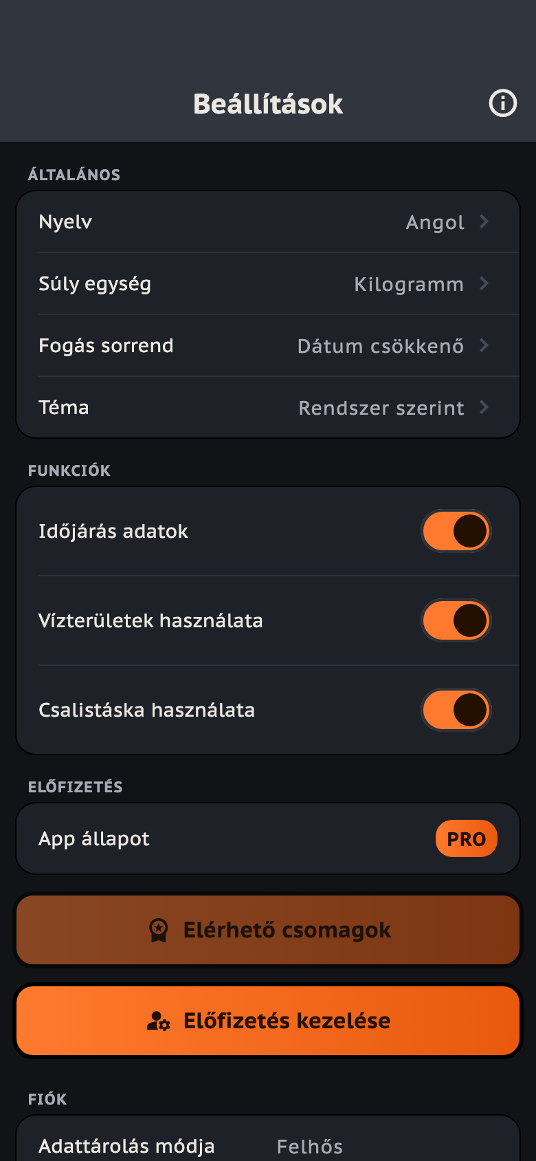 A Beállítások képernyő: nyelv, súly mértékegysége, fogás-sorrend és téma, alattuk a funkció-kapcsolók és az előfizetés.